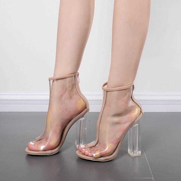 

ladies summer sandals fashionable and high heel fish mouth cool boots transparent pvc zipper crystal thick 230615, Black