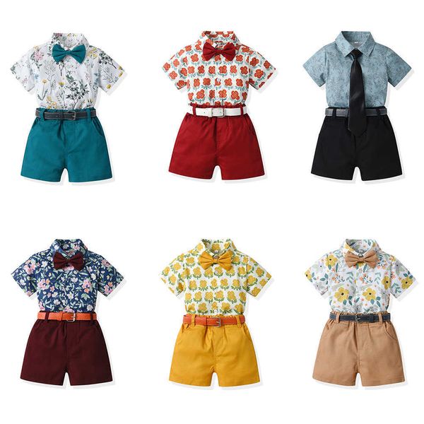 

summer kids clothes tracksuit bow printed short sleeved cotton shirt cardigan shorts casual fashion two piece set with belt, White