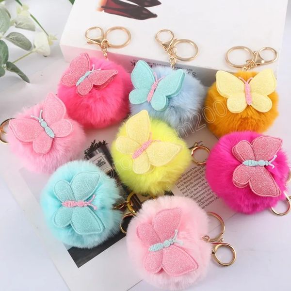 

cute shiny butterfly plush pompom car keychain fake fur key chain women trinket car bag key ring jewelry gift fluff keychains, Silver