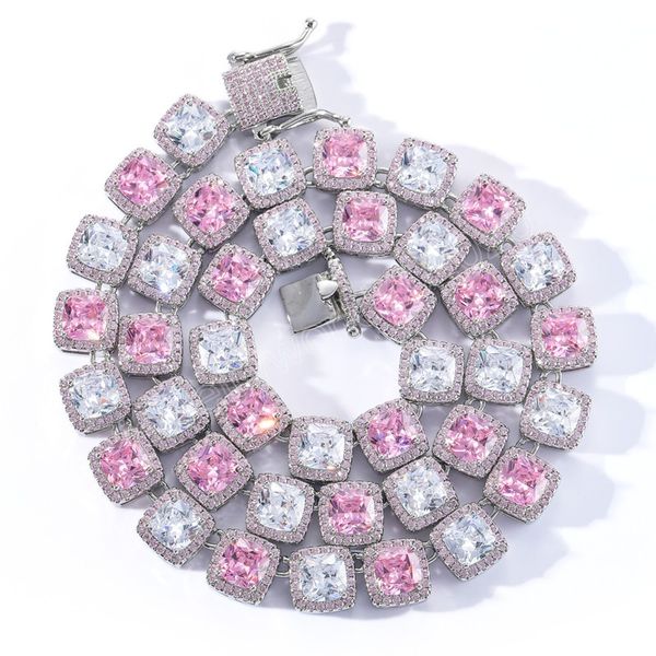 

10mm heart baguettecz bracelet iced out red green pink heart cubic zirconia link chain necklace hiphop jewelry, Silver