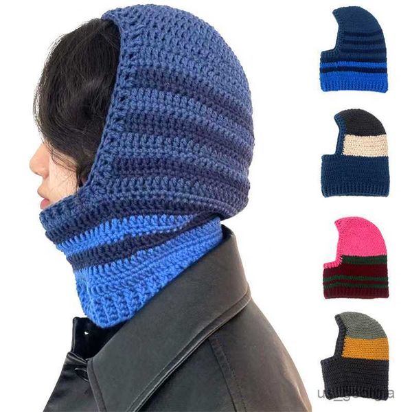 

caps autumn and winter striped color-blocking beanie hat outdoor warm mask hats one-piece knitted cap r230628, Blue;gray