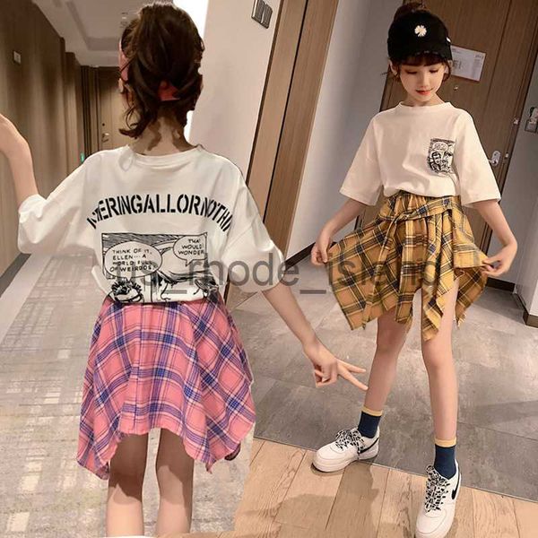 

t-shirts junior girl clothes summer short sleeve t-shirt plaid skirt 2pcs set kids loungewear teen girls cartoon letter print suits x0628, Blue