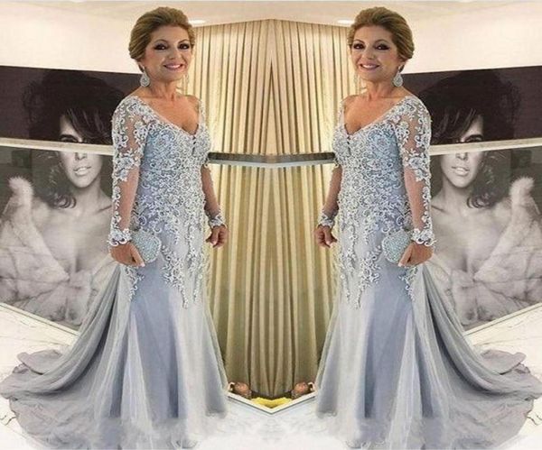 

2020 silver mother of the bride dresses v neck sheer longsleeves mermaid lace appliques bead sweep train long plus size party eve4055576, Black;red