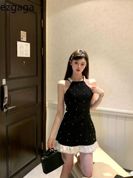 

basic casual dresses ezgaga women ruffles patchwork beaded french style elegant sleeveless summer halter backless party fashion dress 230628, Black;gray