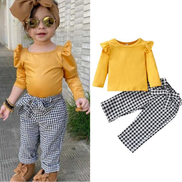 

t-shirts focusnorm 2pcs infant baby girls clothes sets flying long sleeve solid plaid printed pants outfits 0-5y x0628, Blue