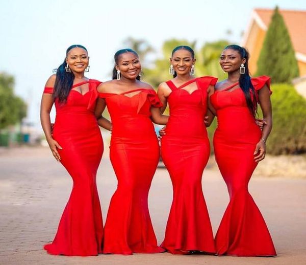 

red african mermaid bridesmaid dresses off the shoulder satin floor length garden country wedding guest gowns maid of honor dress 9695393, White;pink