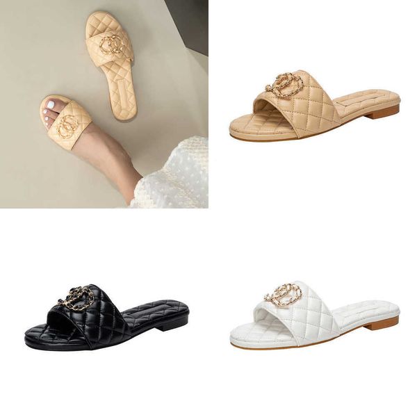 

2023 summer plaid quilted sandal luxury designer flip flops fashion buckle chain double flat beach holiday slippers for women vacation outin, Black