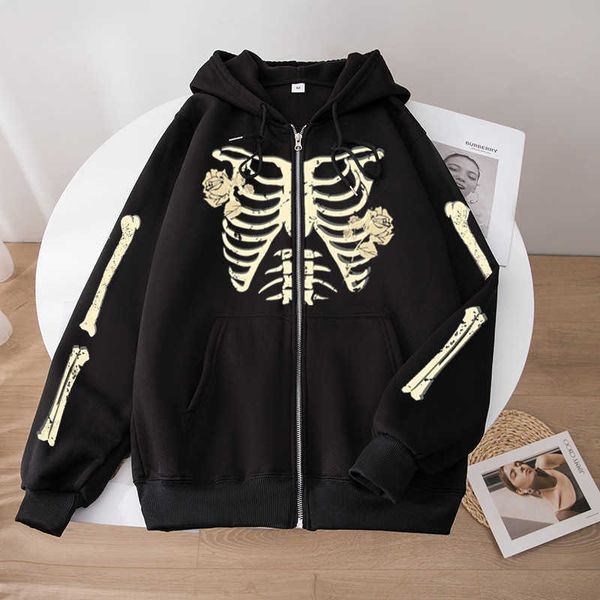 

2023 sweater zipper skull street fashion y2k american hoodie oversize coat fleece clothes, Black