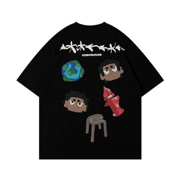 

hip-hop stussys american retro cartoon cotton short sleeved t-shirt female china-chic brand europe and america high street vintage half slee, White;black