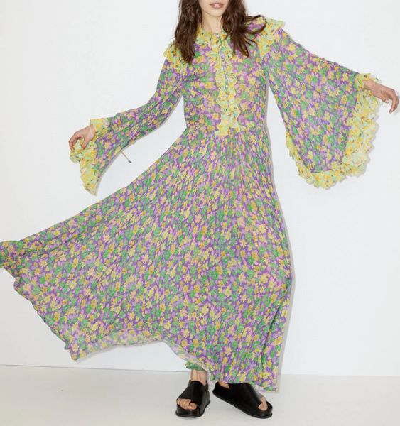 

australian designer dress bell sleeve floral printed long dress, Black;gray