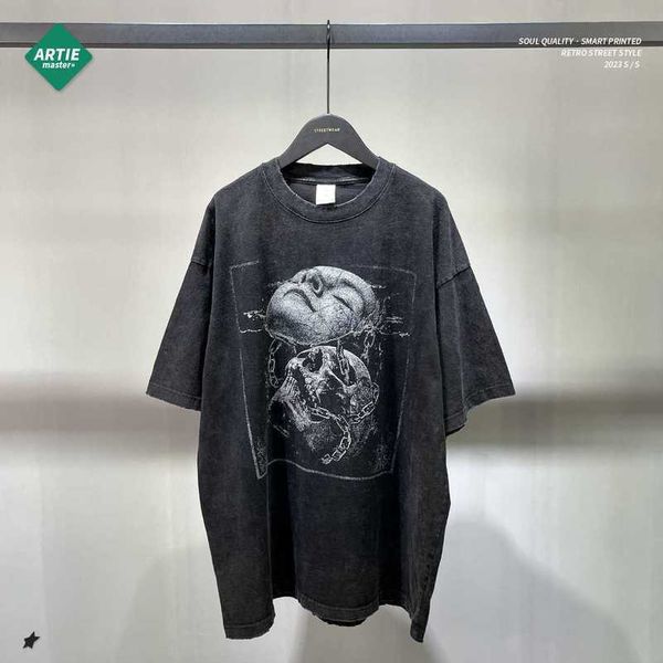

artie men's wear | washed human face skull digital printing t-shirt fashion brand rubbed edge old short sleeve t-shirt for men, White;black