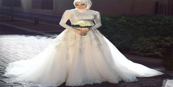 

elegant vestido de noiva 2019 elegant long sleeves high neck muslim wedding dresses tulle zipper back lace islamic wedding gowns4427992, White