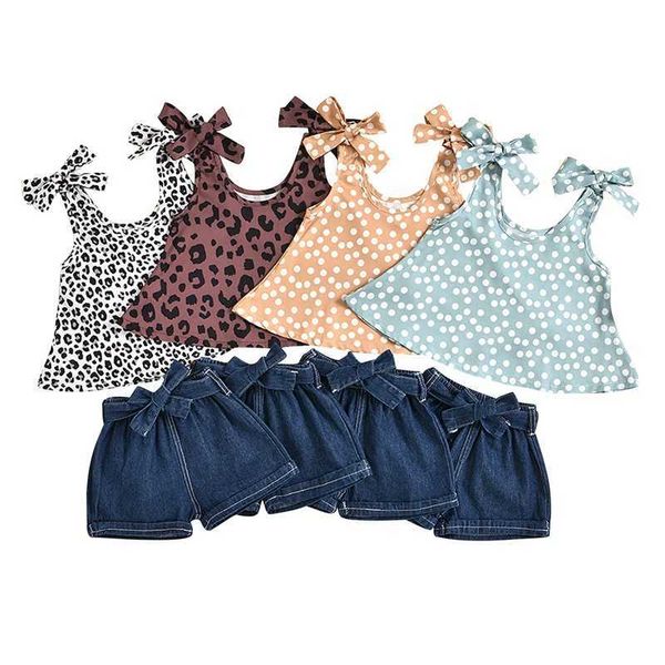 

t-shirts 1-4y fashion cute girls two piece set fashion dot/leopard cami and solid color denim short pants summer clothes x0628, Blue