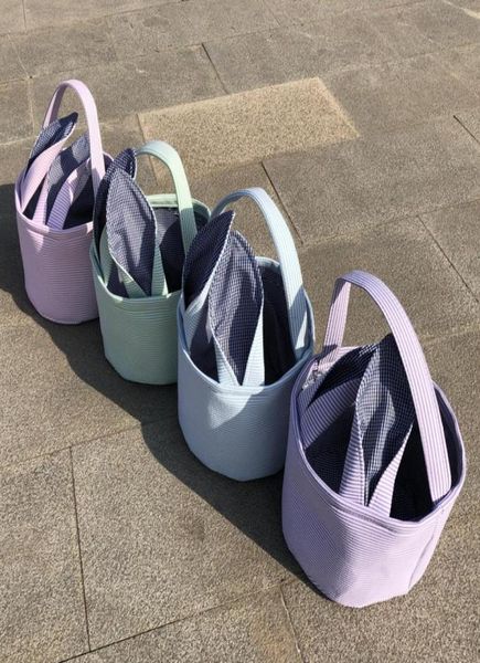 

2020 easter bunny basket rabbit ears candy tote bags 2318cm seersucker striped storage baskets bucket kids bunny ear handbag east3848334