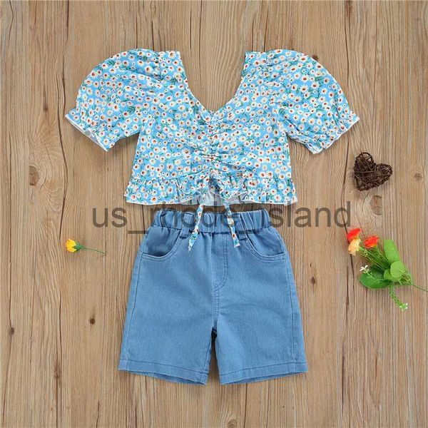 

t-shirts girls 2 piece set fashion floral short sleeve ruffles t-shirt solid color denim short pants summer clothes for 1-6 years x0628, Blue