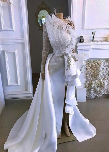 

arabic sparkly evening dress one shoulder side split crystals feather prom dresses sheath formal party long sleeves second recepti1508325, Black;red