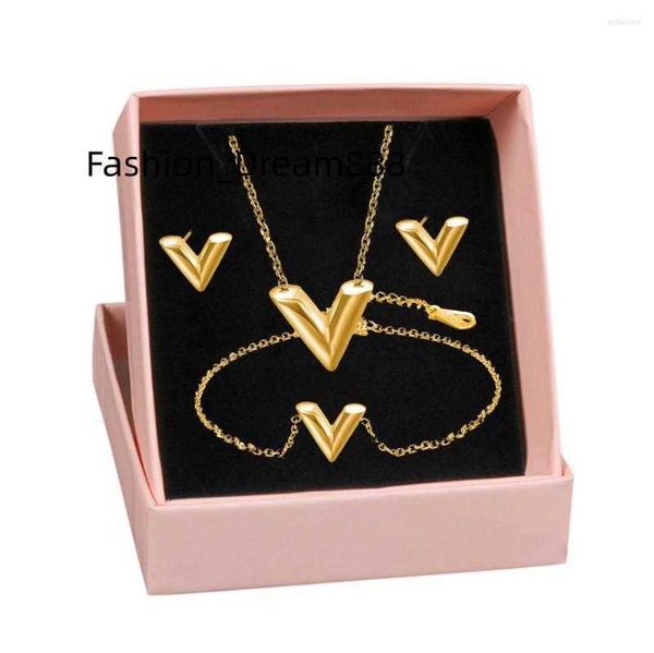

necklace earrings set 316l stainless steel v letter titanium jewelry v-shaped wedding gift box, Silver