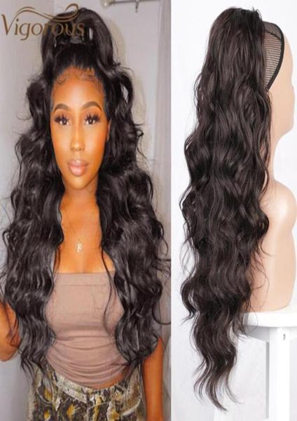 

synthetic wigs vigorous long body wavy drawstring ponytail for women wave hair clip in hairpiece black fake73968127220665