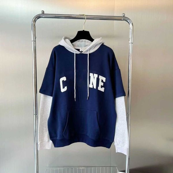 

ce designer men's hoodie autumn and winter fake two-piece blue pullover sweater high-quality couples fresh and versatile thin drawstrin, Black