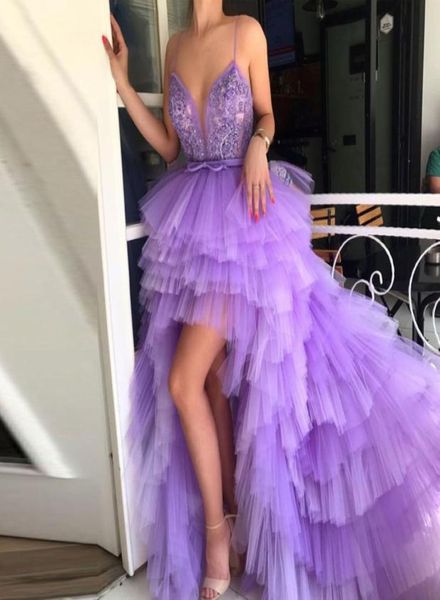 

light purple high low prom dresses spaghetti straps appliques beading tiered tulle plus size backless evening dresses party d7641627, Black