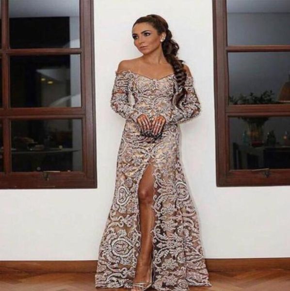 

off shoulder mermaid prom dresses appliques arab dubai split long sleeve evening gowns floor length formal lace party dress with b3361032, Black