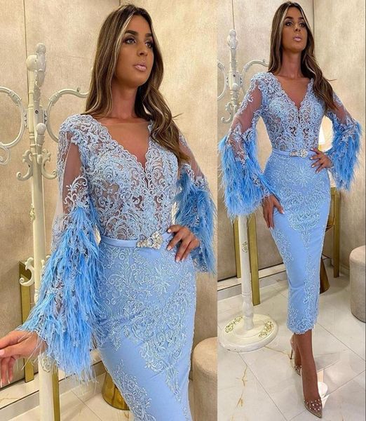 

2021 arabic aso ebi sky blue mother of bride dresses v neck long sleeves feather lace appliques tea length weddings guest dress mo1298372, Black;red