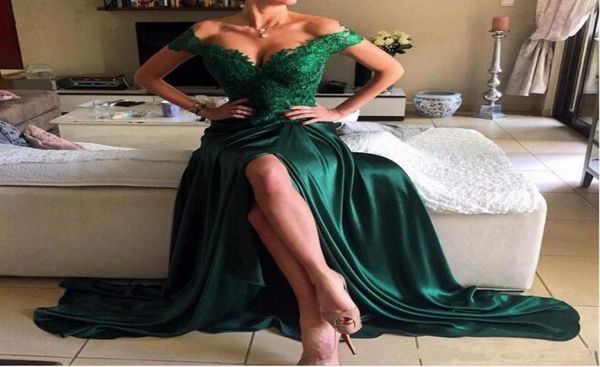 

emerald green prom dress a line off shoulder lace elastic satin high side split lace elegant long evening dress formal dress9609701, Black