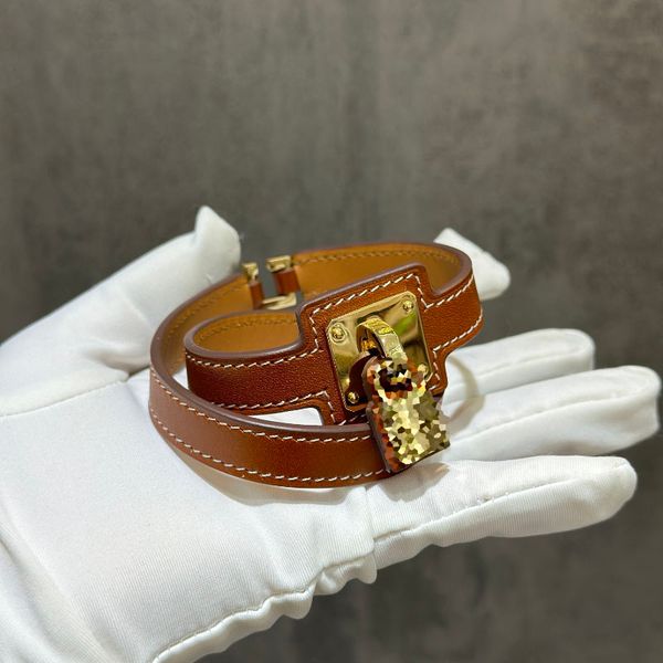 

brand jewerlry lock stainless steel real leather bracelet for women, Golden;silver