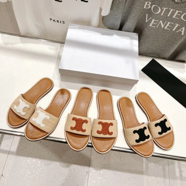 

lympia flat slides slippers leather sole raffia sandals triomphe embossed open toes luxury designer for women holiday flats sandals factory, Black