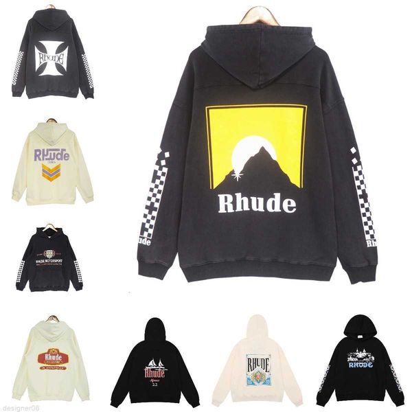 

designer rhude hoodie mens hoodie rhudes hoody hooded sweatshirt felpa uomo niche fashion brand sudadera autumn winter long sleeve round nec, Black