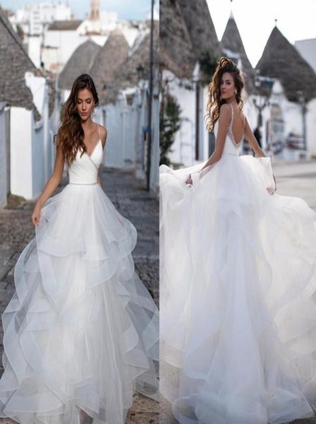 

2020 simple boho wedding dresses a line lace beads tiered skirts sweep train backless beach wedding gowns customize bri1994768, White