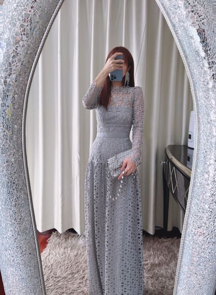 

auth s-elf portrait grey lace hollow out long sleeve dress long prom evening dress, Black