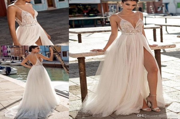 

gali karten beach aline wedding dresses side split spaghetti illusion boho wedding dresses pearls backless bohemian bridal g9923875, White