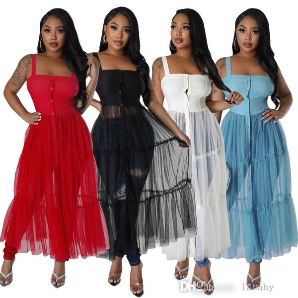 

2023 street dresses for woman big swing mesh see though patchwork summer skirt single breasted tank strap shirt maxi long dress, Black;gray