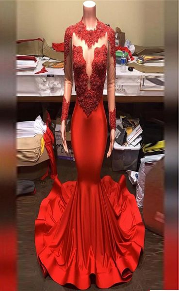 

red long sleeves prom dresses sheer neck satin lace beads sweep train cocktail party gowns custom size evening wear5005269, Black