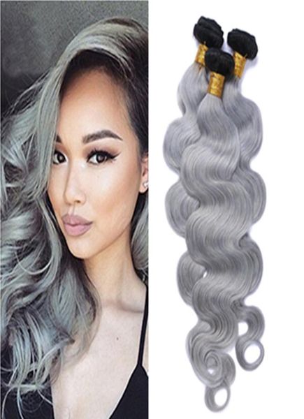 

brazilian short weave hair extensions remy hair 1b silver grey ombre body wave short hair weft ombre grey bundles2354772, Black;brown
