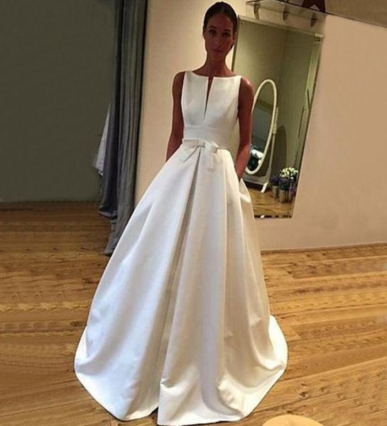 

satin wedding dress a line backless sweep train long elegant bridal dresses 2019 custom made wedding gowns8015559, White