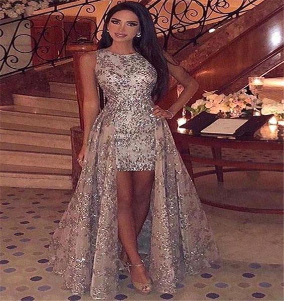 

2019 new crew neck sequins high low prom dresses sparkling sleeveless lace sweep train formal party evening gowns bc19553285293, Black