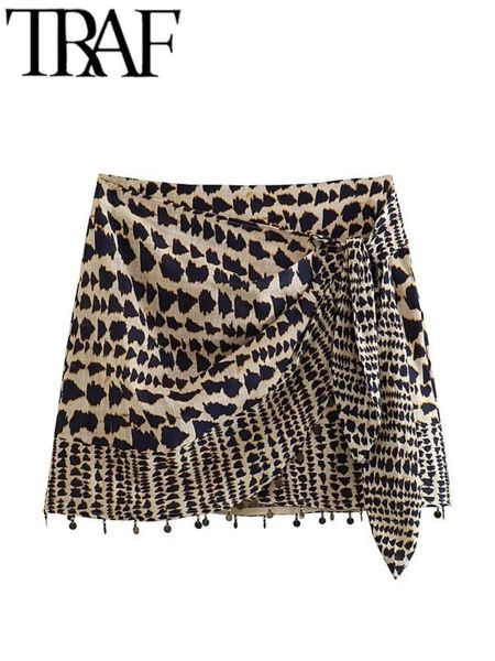 

skirts traf summer vintage printed women mini skirt tassels hem a-line zipper back high waisted female wrap tied side skirt 230628, Black