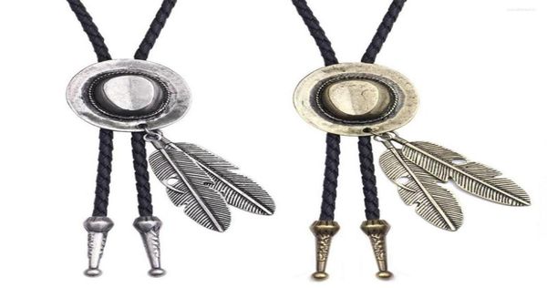 

bow ties retro denim jazz hat couple bolo tie for men necklace feather pendant leather rope neck shirt collar bowtie cowboy jewelr1345497, Black;gray