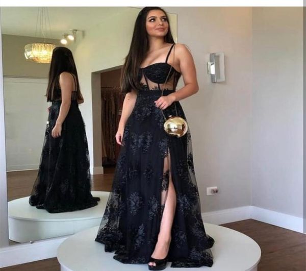 

black evening dress aline sweetheart floor length side slit spaghetti strap lace appliques backless elegant party prom gown9967532, Black;red