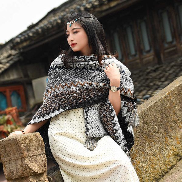 

style ethnic tourism wear shawl scarf women's blanket lijiang yunnan outwear warm cloak sun protection8e9t, Red;brown