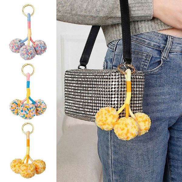 

creative plush fluffy ball key chain bohemian hand weave colored ball keychain bags purses cellphones pendant gift accessories, Silver