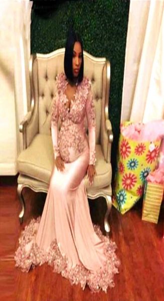 

elegant pink mermaid formal evening dresses high waist appliques lace beaded crystals vneck long sleeve pregnant women plus size 5960333, Black;red