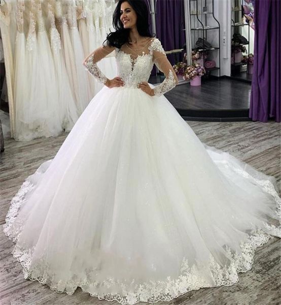 

luxury lace ball gown wedding dresses sheer neck long sleeves appliques wedding dress bridal gowns vestidos de novia robes de mari8255919, White