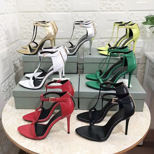 

lconic t sandal metallic feeling genuine leather ankle strap buckle stiletto heel dress shoes .5cm pointed toes high heels luxury designer, Black