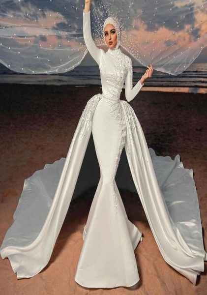 

gorgeous pearls mermaid muslim wedding dresses with detachable train beaded high neck long sleeves bridal gowns satin robe de mari1881101, White