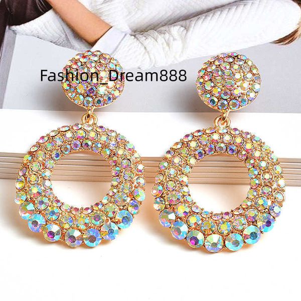 

2021 fashion jewelry new arrival statement round colorful rhinestone long drop earrings geometric crystal hoop drop earrings, Silver