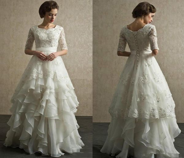 

vintage half sleeves wedding dresses scoop neck appliqued beaded tiered organza floor length country beach wedding gowns lace up6965431, White