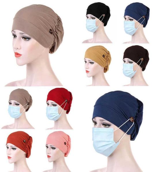 

women turban with button simple solid color head wrap mask holder headscarf female muslim caps ladies casual turbantes headwear x01003409, Blue;gray
